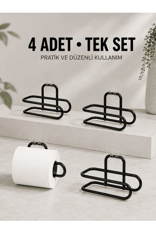 Duvara Yapışkanlı Wc Kağıtlık Siyah Metal 4 Adet Tuvalet Kağıdı R Çok Renkli