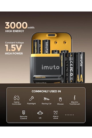 Imuto 3000mwh Aa & 1300mwh Aaa Lityum Şarjlı Pil Seti 4+4 Yuvalı Şarj Ünitesi