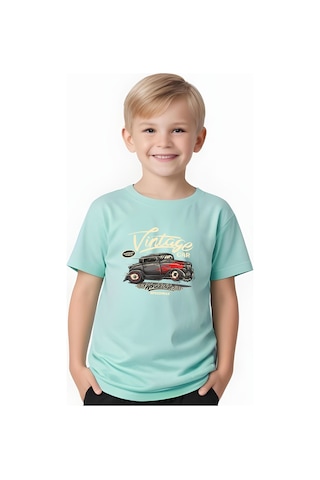 Fyk Kids Erkek Çocuk Yuvarlak Yaka İntage Car Baskılı T-shirt Mint Yeşil