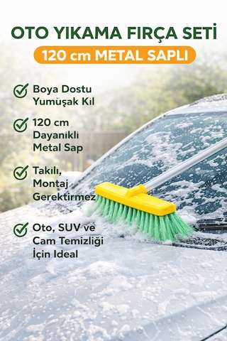 120 Cm Uzun Saplı Oto Yıkama Fırçası - 9,5 Cm Yumuşak Kıllı Çizmez Yapı