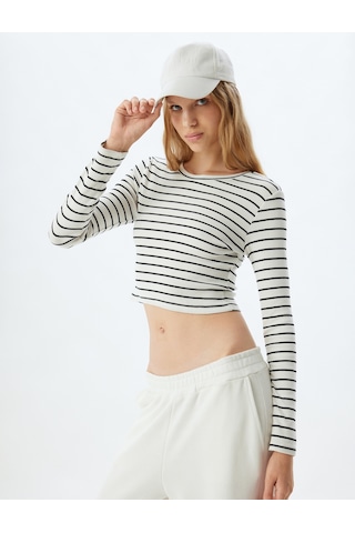 Koton Çizgili Crop Tişört Uzun Kollu Bisiklet Yaka Slim Fit Multıcolor 5wal10355ık Mavi