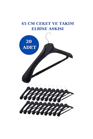 20 Adet Plastik Yüksek Kalite Ceket Askısı Elbise Askısı Siyah