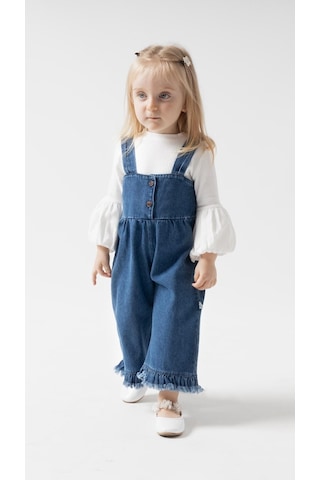 Babymod Püsküllü Palazzo Kız Bebek Çocuk Jean Salopet Tulum Lüks %100 Pamuk Likralı Ribana Balon Bluz Denim Kot Takım Lacivert