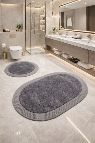 Melena Carpet Premium Kaymaz Taban Peluş Banyo Paspası Seti Jüt Kenar Detaylı 2 Li Oval Yuvarlak 100x60 60x60 Antrasit