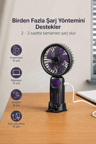 Exenar - Gri - Şarjlı Mini El Fanı Telefon Standlı Vantilatör 1200mah Yüksek Hızlı 3 Fazlı Fırçasız Motor 5 Kademe