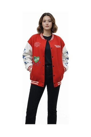 Kırmızı Varsity Çıtçıtlı Baskılı Oversize Kalıp Kolej Ceket - Kırmızı