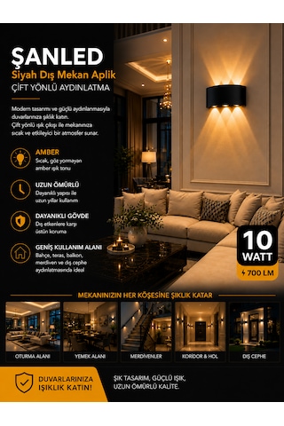 Dekoratif 10w Çift Yönlü Iç-dış Mekan Siyah Kasa Gün Işığı Duvar Aplik-10 Adet Amber Rengi