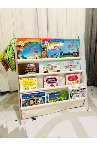 Montessori Çocuk Bebek Odası Taşınabilir Eğitici 4 Raflı Bez Kumaş Kitaplık Krem
