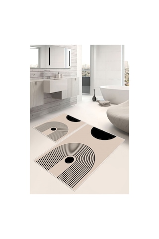 Modern Desenli Dijital Baskılı Kaymaz Yıkanabilir 2li Banyo Paspası Bej