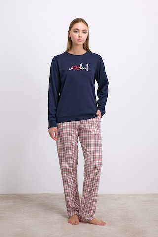 Man11585-1020 Anil Ev Giyim Anıl Kadın Uzun Kol Sweatshirt Ve Ekose Pantolon Pijama Takımı Rahat Ve Şık Ev Giyimi 11585 Lacivert