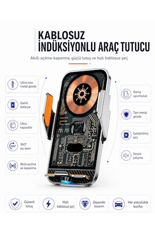 Kablosuz İndüksiyonlu Araç Telefon Tutucu Şarj 3 Farklı Başlıklı 1 Adet