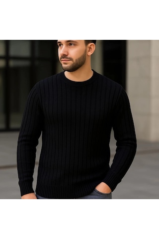Novalisse Erkek Bisiklet Yaka Triko Kazak Pamuklu Kalın Fitilli Dokuma Regular Fit - Siyah Çoklu Renk