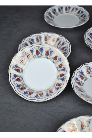 Qualitev 6 Adet Porselen Çay Tabağı Ebruli Lale Çini Motifli Çay Tabak 10 Cm Mavi
