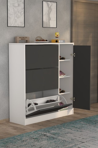 Milano 3 Kapaklı Kayar Raflı Dolaplı Ayakkabılık Antrasit Gri Antrasit - Beyaz
