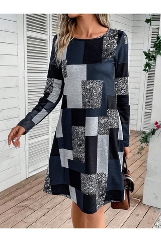 Kadın Uzun Kollu Yuvarlak Yaka Geometrik Süprem Elbise Desenli