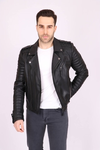 Erkek Siyah Hakiki Deri Yakalı Baklava Desenli Apoletli Spor Mont