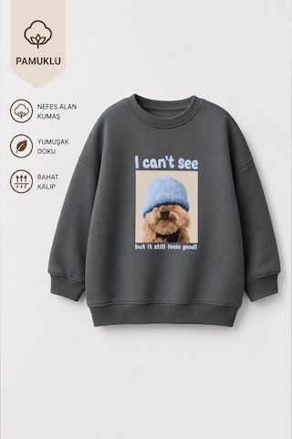 Monila Unisex Çocuk 3 İplik Kumaş Köpek Baskılı Pamuklu Sweatshirt Antrasit