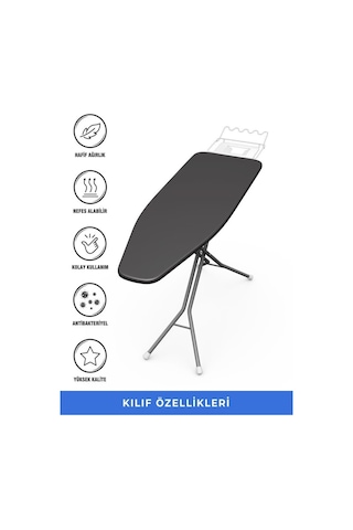 Ütü Masası Kılıfı Örtüsü Bezi, Teflon Kaplamalı Siyah Süngerli Ve Keçeli, Yanmaz, Ayarlanabilir 48x138 Cm