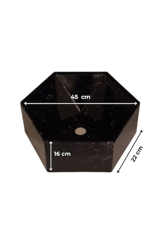 Mermer Desenli Tezgah Üstü Altıgen Taş Lavabo 45 X 16 Cm Siyah