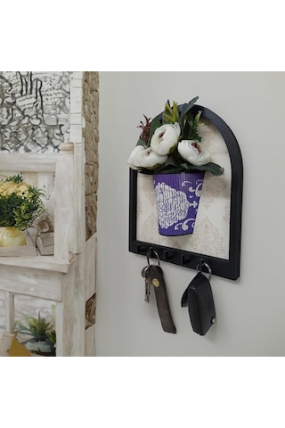 Cajuart Ahşap Motifli Mor Saksı İçinde Beyaz Yapay Çiçek Askılık Duvar Dekoru