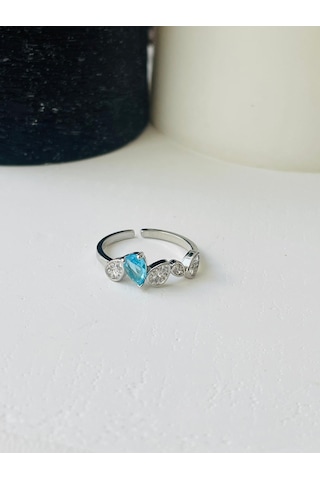 Zirkon Taşlı Mavi Detay Çelik Yüzük Gümüş