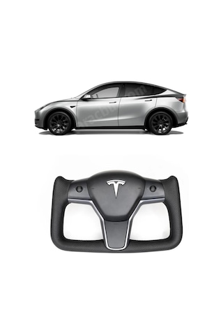 Tesla Model Y - Model 3 Yoke Stil Direksiyon Simidi - Alcantra Siyah Deri - Karbon Fiber Kaplama - Isıtmalı