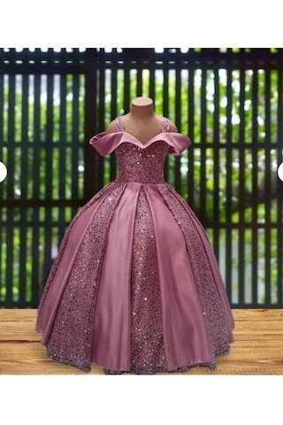 Pırıltı Çocuk Abiye Ve Gelinlik Kız Çocuk Madonna Yaka Abiye - Gelinlik Gül Kurusu