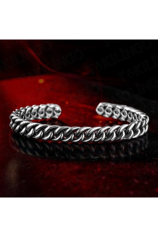 925 Ayar Gümüş Kalın Burgu Zincir Model Açık Cuff Ayarlanabilir Erkek Bileklik Gümüş