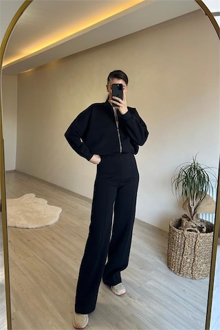 Neşeli Butik Kadın Fermuarlı Oversize Sweat Ve Yüksek Bel Eşofman Takımı Nm018 Siyah