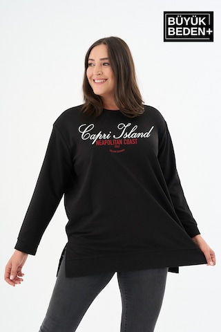 Süperlife Kadın Tunik Büyük Beden Capri Island Baskılı İnce Sweatshırt Spr26btk990-1 Siyah