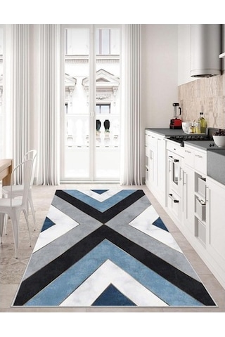 Gri Mavi Kaymaz Tabanlı Halı Makinede Yıkanabilir Halı Yolluk Gri - Mavi