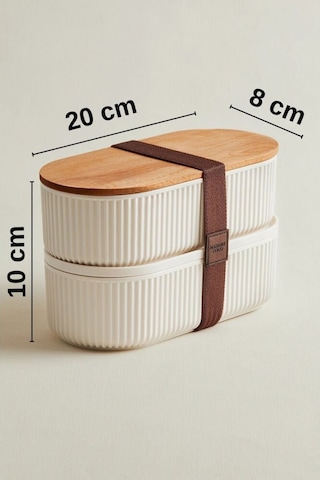 Piev Pratik İkili Bambu Kapaklı Saklama Beslenme Kabı Beyaz