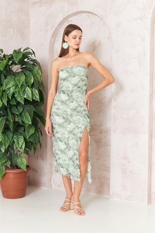 Kadın Yeşil Desenli Yırtmaçlı Straplez Tül Midi Elbise Dm1047 Yeşil