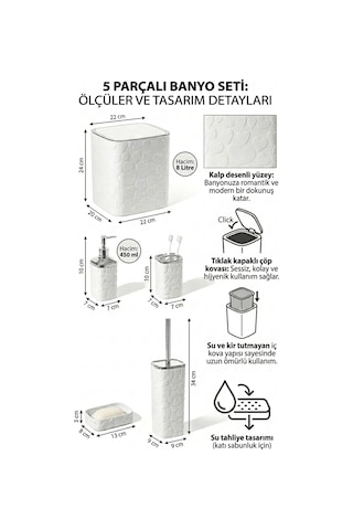 Makri Home 5 Parça Banyo Seti, Kalp Desenli, Beyaz Silver, Kare, Click Kapaklı, Hacim: 8 Litre Beyaz