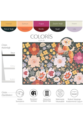 Cool Halı Coloris Renkli İnce Vintage Çiçek Bahçesi Yıkanan Salon Balkon Mutfak Genç Odası Halısı