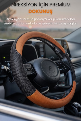 Direksiyon Kılıfı Universal Geçmeli Oto Direksiyon Kılıfı Premium Deri Kaymaz Terletmez - Flx5 Siyah - Taba