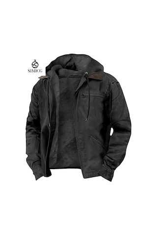 Düz Renk Kapüşonlu Pamuklu Gündelik Erkek Fermuarlı Cepli Ceket Siyah