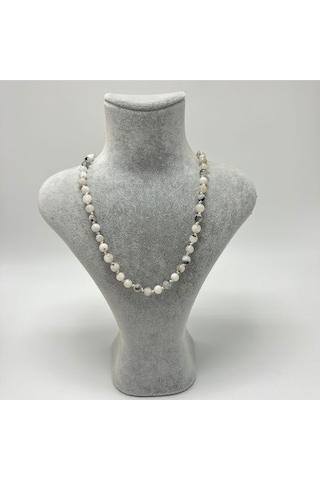 Yıldız Doğal Taş Ay Taşı Doğal Taş 6 MM Makrome Kolye 45 CM - 55 CM Ayarlanabilir Beyaz
