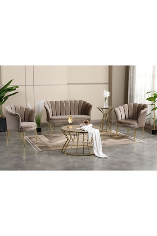 Vizon Kumaş Gold Metal Ayak Çay Seti Koltuk Takımı Ofis Koltuk Takımı Vizon