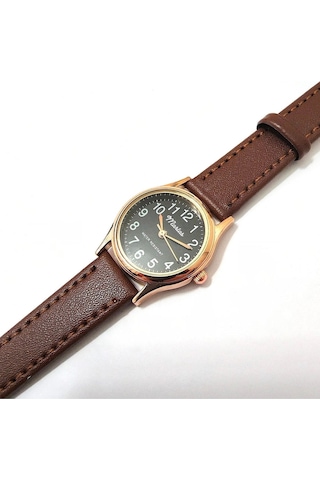 Retro Kadın Deri Kol Saati, Minimal Tasarım, Rose Gold Renk, Vintage Tasarım, Kahverengi Siyah Altın