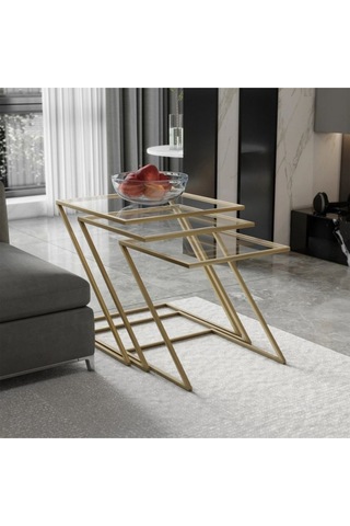 Misto Z Şekil Camlı Üçlü Zigon Sehpa Gold