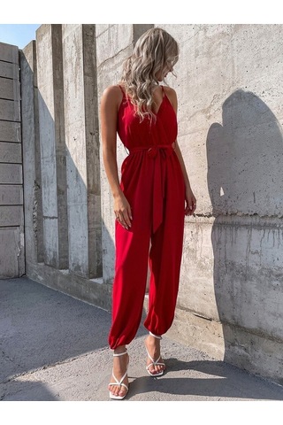 Efnaz Style Kadın Ip Askılı Kruvaze Yakalı Belden Kuşaklı Uzun Sandy Tulum Kırmızı