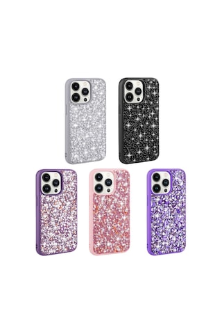 Apple Uyumlu iPhone 12 Pro Max Uyumlu Parlak Taşlı Tasarım Zore Linea Kılıf-mor Mor -