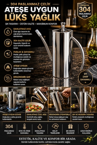 304 Lüks Paslanmaz Çelik Yağdanlık-demlik 700 Ml ,ateşe Uygun & Şık Sofra & Mutfak Kullanımı