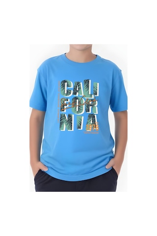 Panios Kids 1976 Cali Baskılı Erkek Çocuk Yuvarlak Yaka Kısa Kollu T-shirt Mavi