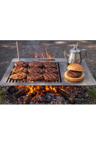 IZGARA MANGAL PRATİK KURULUM 3 MM SS201 PASLANMAZ ÇELİK HAMBURGER BÖLMELİ 58 X 38 CM