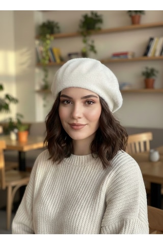 Derikem Fransız Tüylü Peluş Ressam Bere Kadın Şapka Ekru