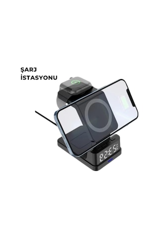 Kablosuz Şarj İstasyonu Ve Dijital Saat Apple Uyumlu, 3 Kademeli Işık Ayarı
