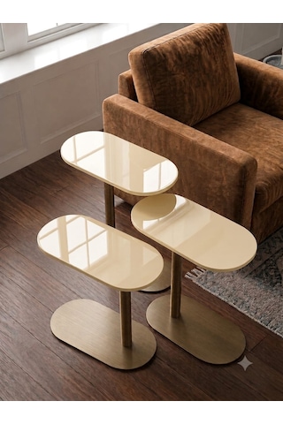 Vista Krem Renk Üst Tabla , Cappicino Renk Metal Ayaklı 3'lü Zigon Sehpa Seti Salon /koltuk Altı Sehpa Yan Sehpa - C Sehba Modern Sehba