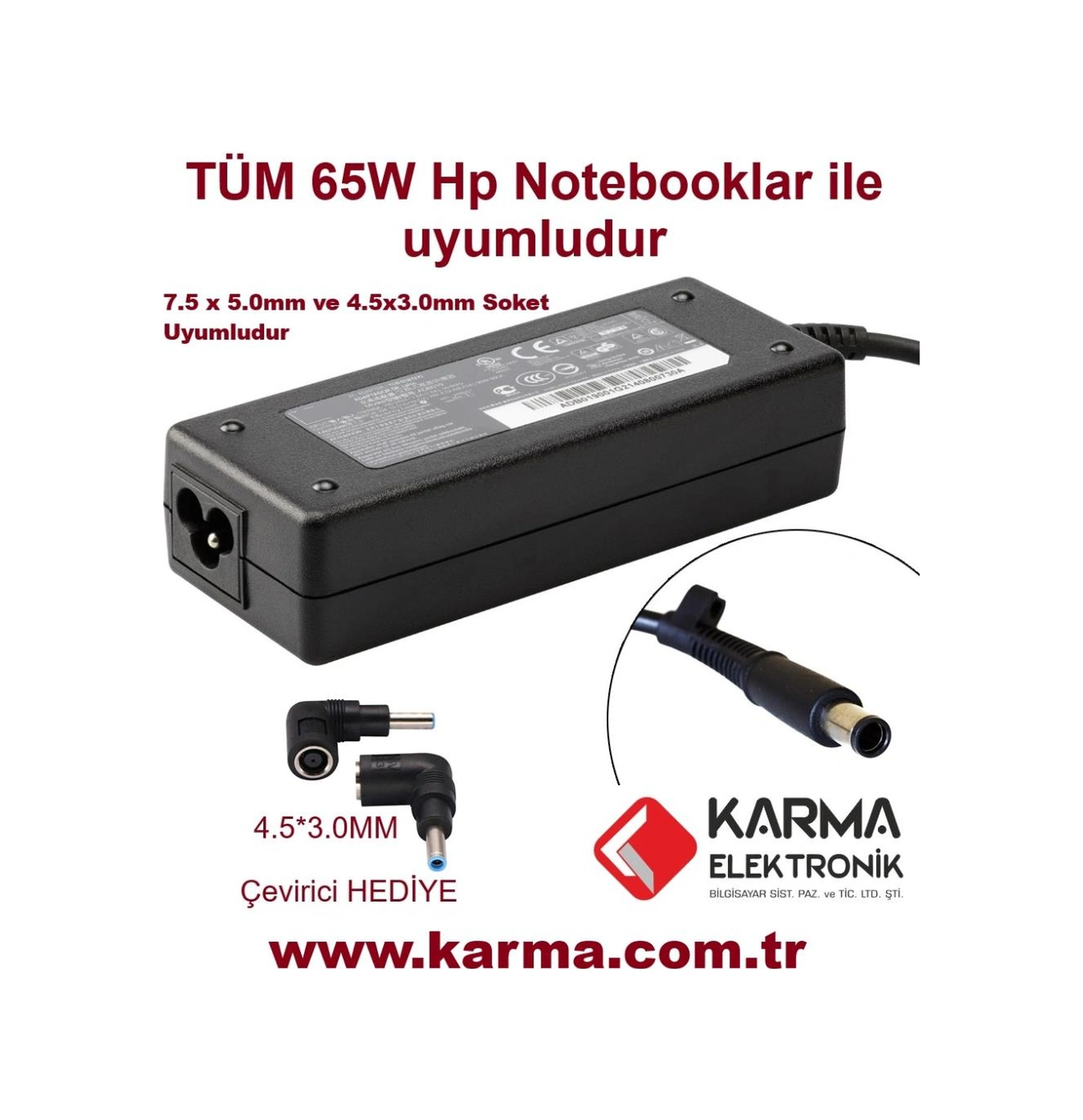 Hp / Compaq 18.5v 3.5a 65w 7.4 5.0mm / 4.5 3.0mm Notebook Adaptörü Universal Çeviricili